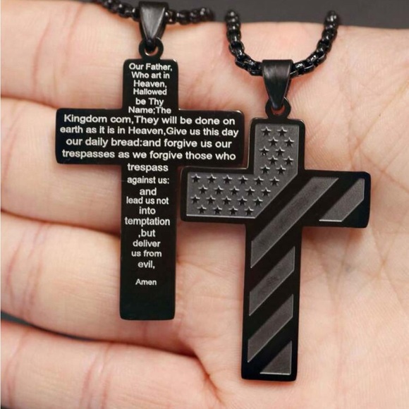 Black American Flag Cross Necklace with Lord’s Prayer - Picture 3 of 5